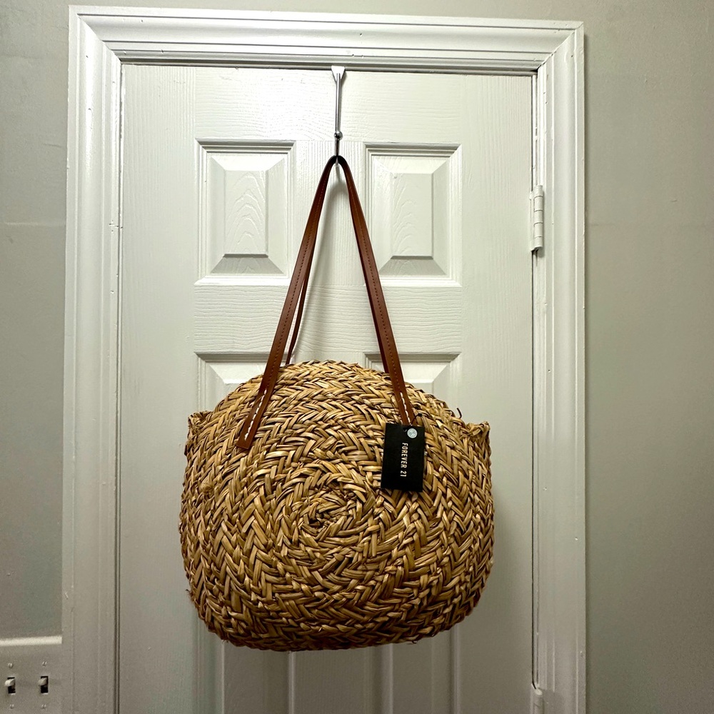 Forever 21 Braided Straw Tote with Brown Handles